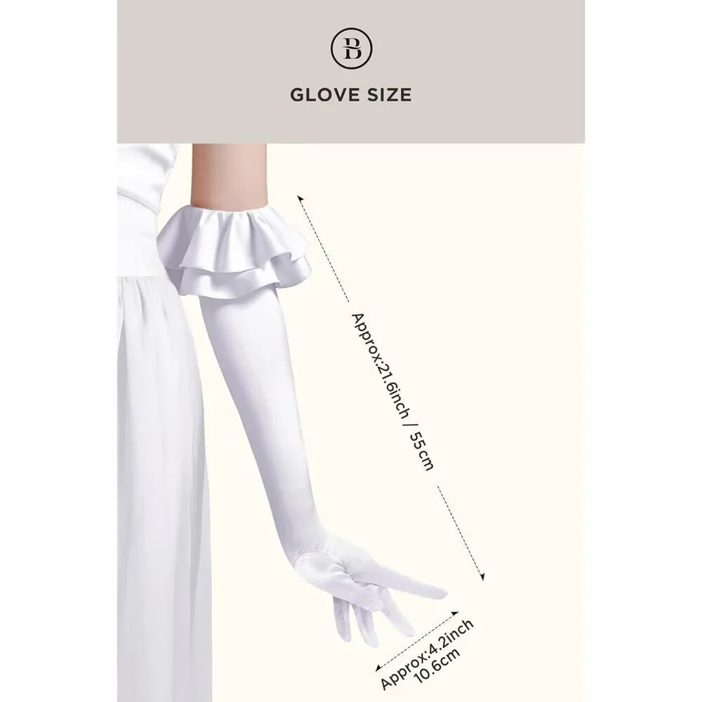 Women's White Long Satin Ruffle Cuff Stretchy Sleeves Gloves Wedding Costume